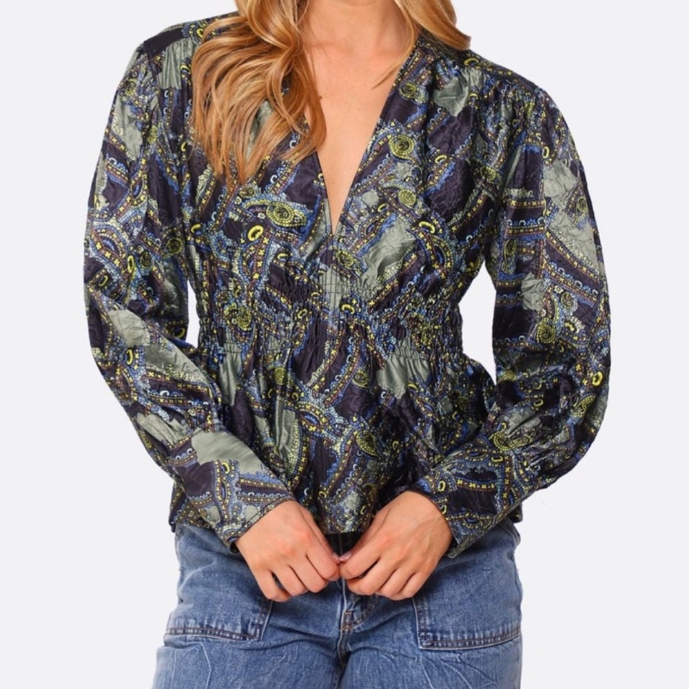 Ganni Paisley Print Crinkle Blouse size 40 Large